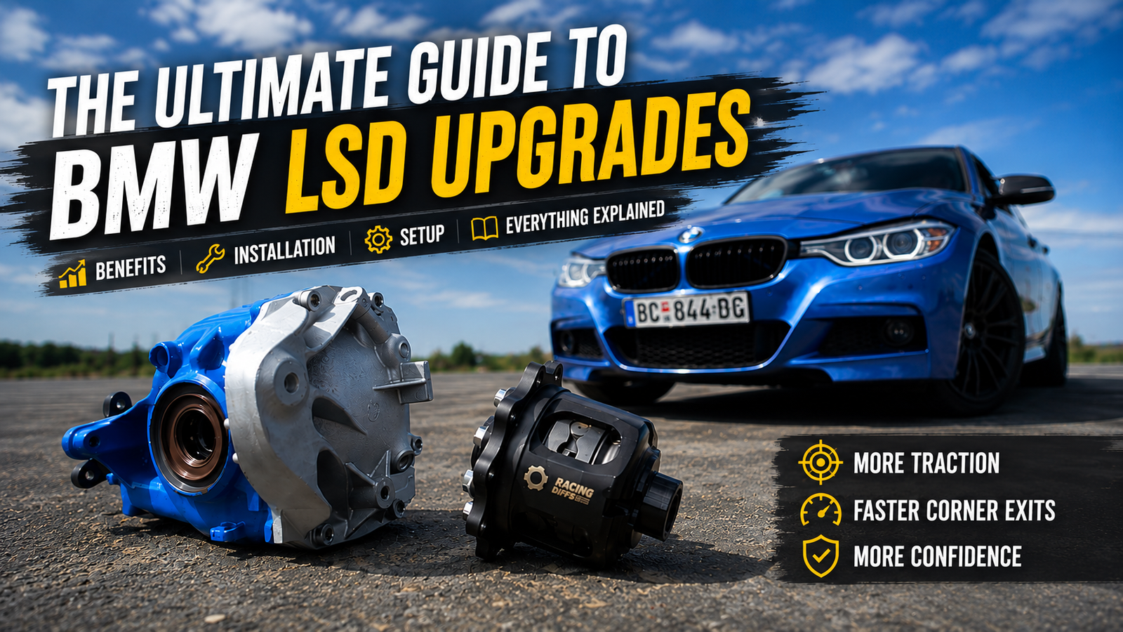 BMW Limited Slip Differential guide featuring a RacingDiffs fully forged LSD, BMW differential housing and BMW 340i, illustrating installation, benefits and adjustable LSD technology.