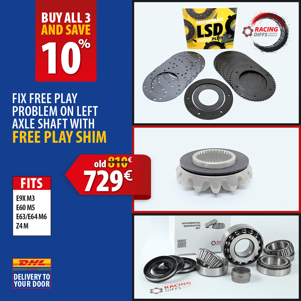 RacingDiffs combo pack for BMW E46 M3 and CSL models with LSD clutch pack, free play shim, and bearing kit shown with discount.