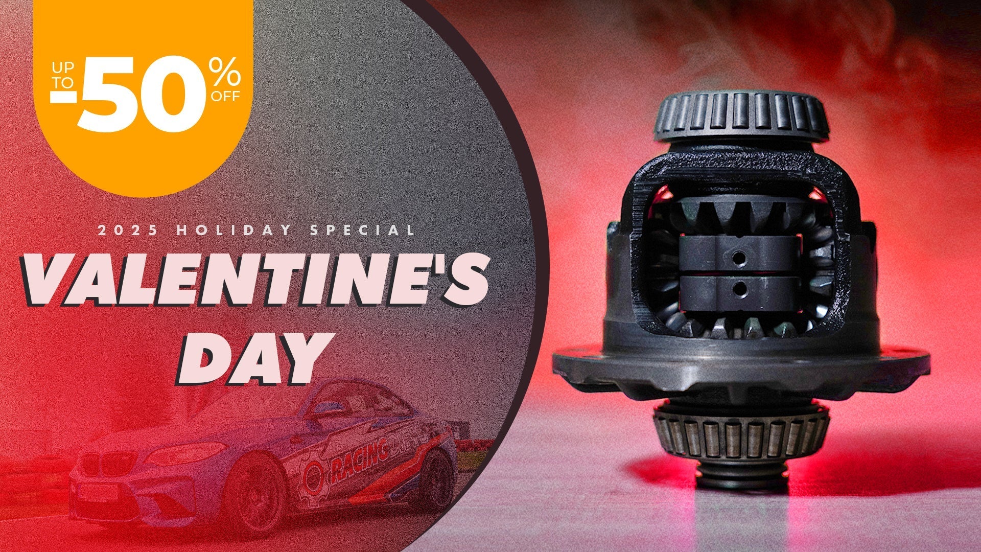 Valentine’s Day racingdiffs promo banner featuring 50% discount and LSD conversion kit installed in bmw carrier unit