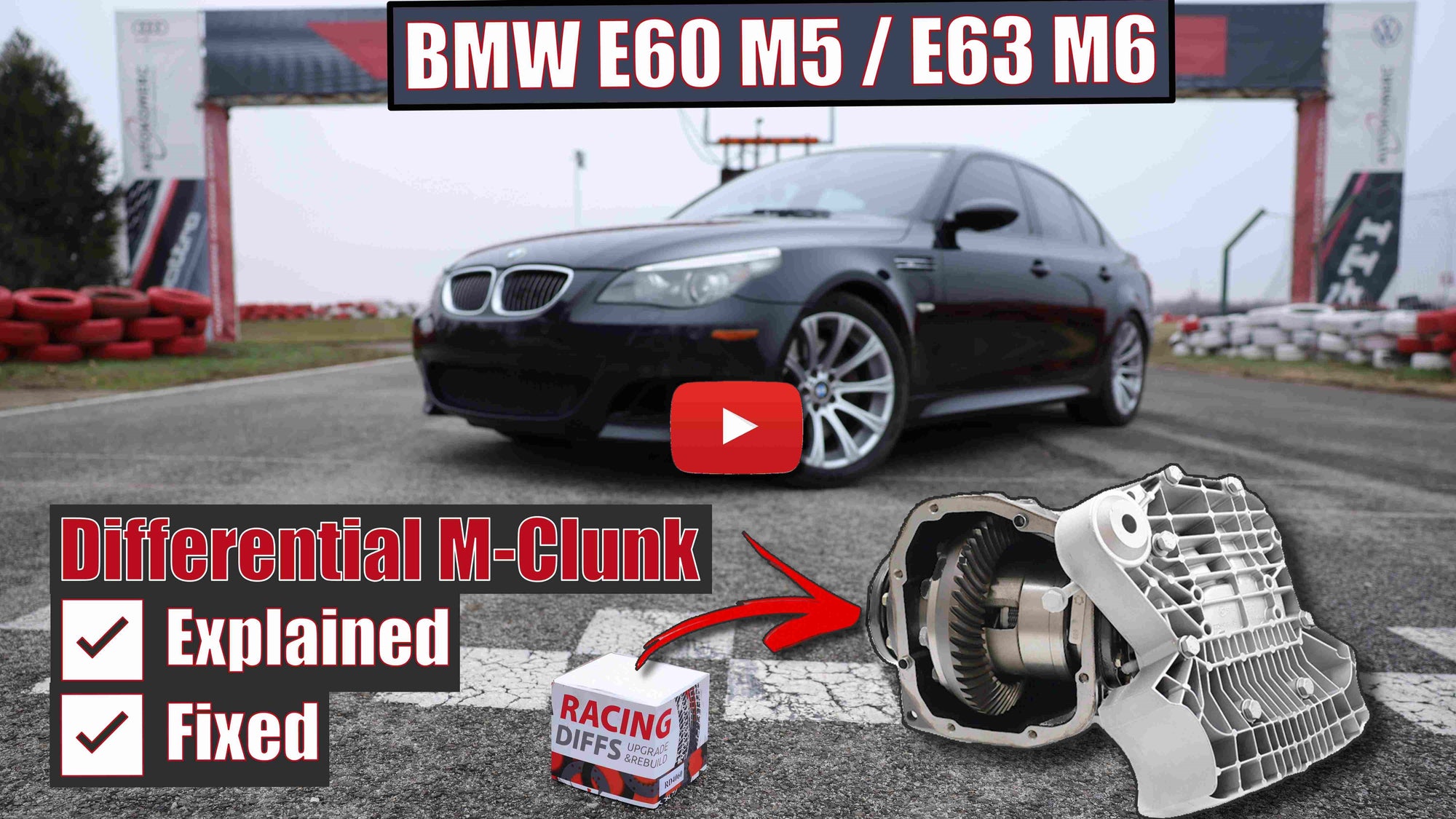 BMW E60 M5 V10 parked on the race track next to the limited slip differential indicating on the M clunk issue with RacingDiffs rebuild kit as the solution