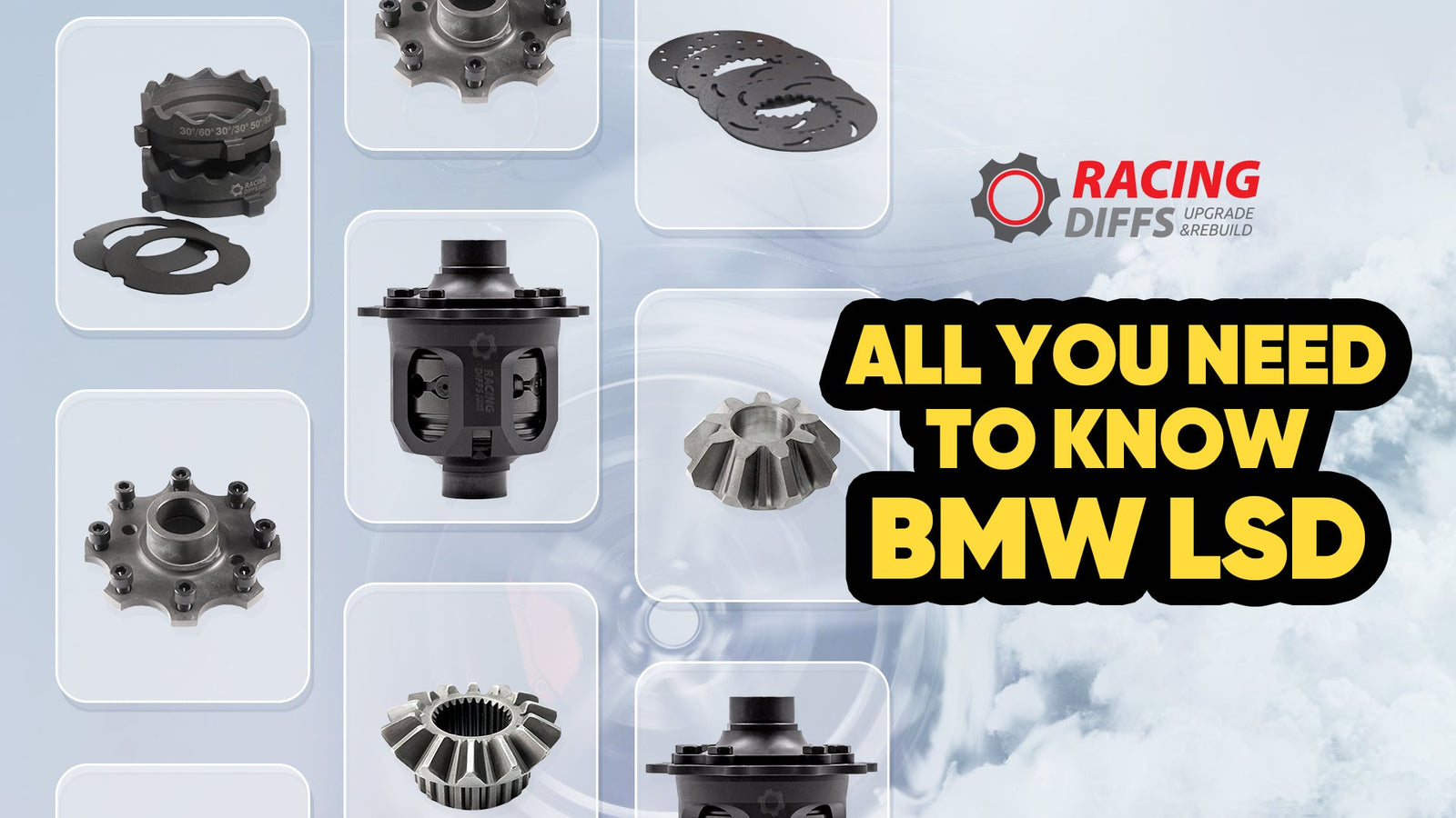 RacingDiffs BMW limited-slip differential parts—carrier, clutch plates, ramps and gears—with title “All You Need to Know: BMW LSD” (guide cover).
