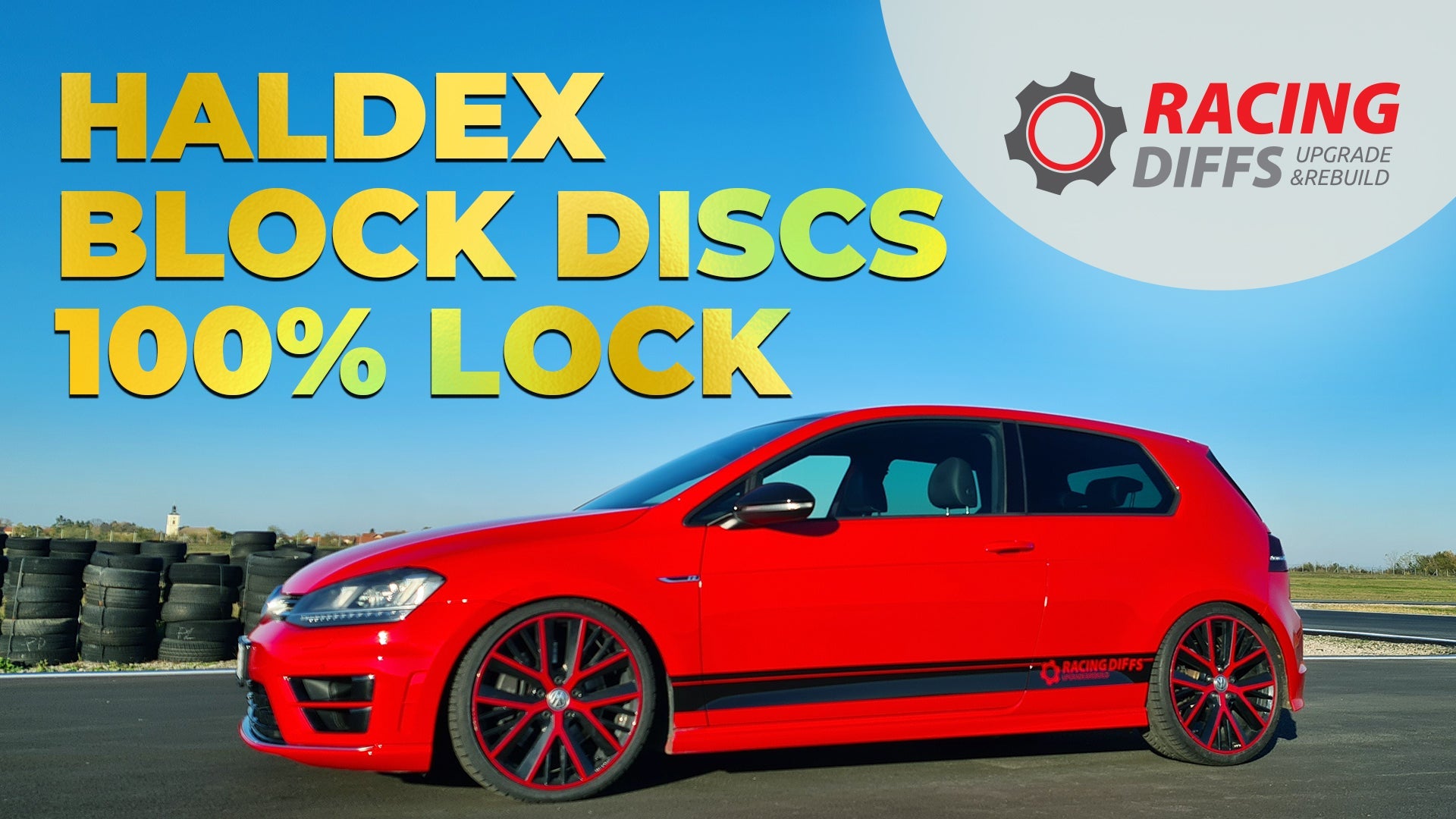 Red Volkswagen Golf R equipped with RacingDiffs Haldex Block Discs for 100% AWD lock, ideal for performance driving.