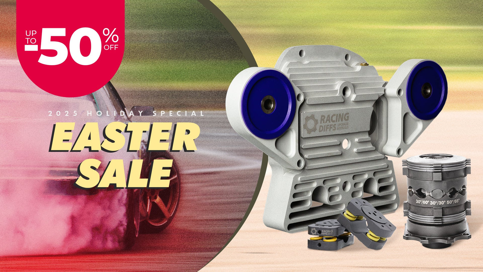 Easter-themed RacingDiffs promo featuring premium LSD conversion kits and performance car graphics