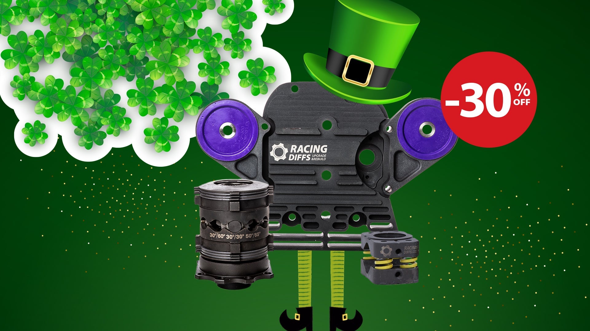 St. Patrick’s Day-themed promotional image featuring RacingDiffs LSD conversion parts, shamrocks, and a 30% discount badge.