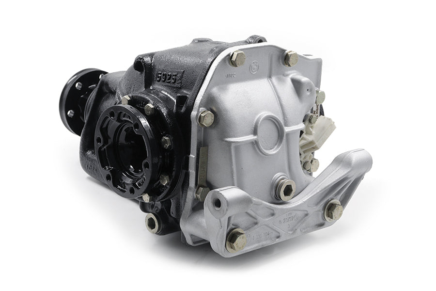Angled view of rebuilt BMW E32 E34 210mm large case limited slip differential with RacingDiffs fully forged LSD unit installed