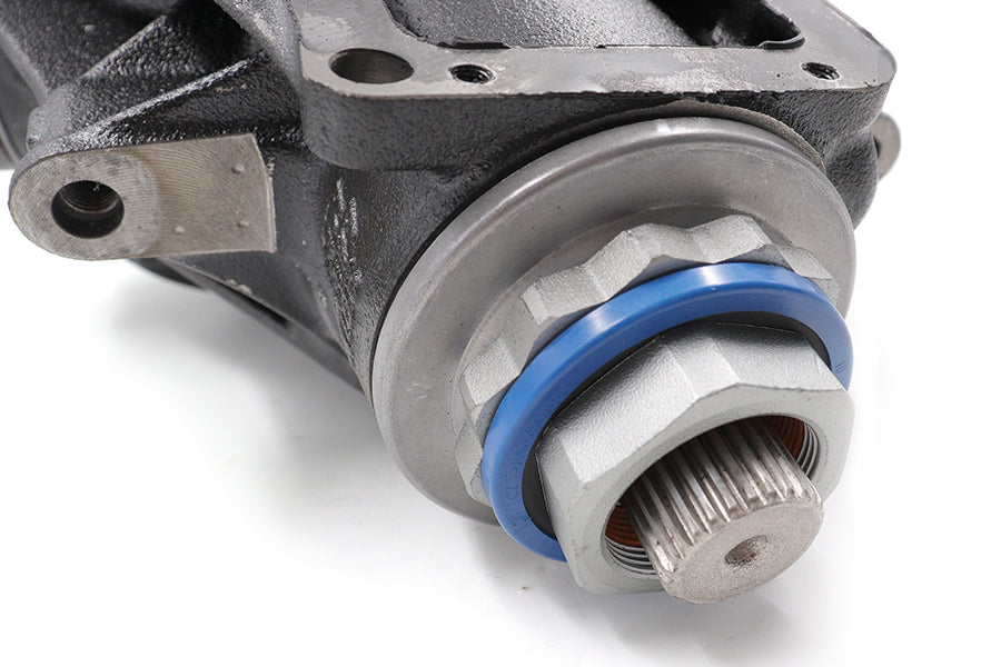 Pinion input flange with blue seal and hex nut on BMW Drexler 220 mm LSD differential.