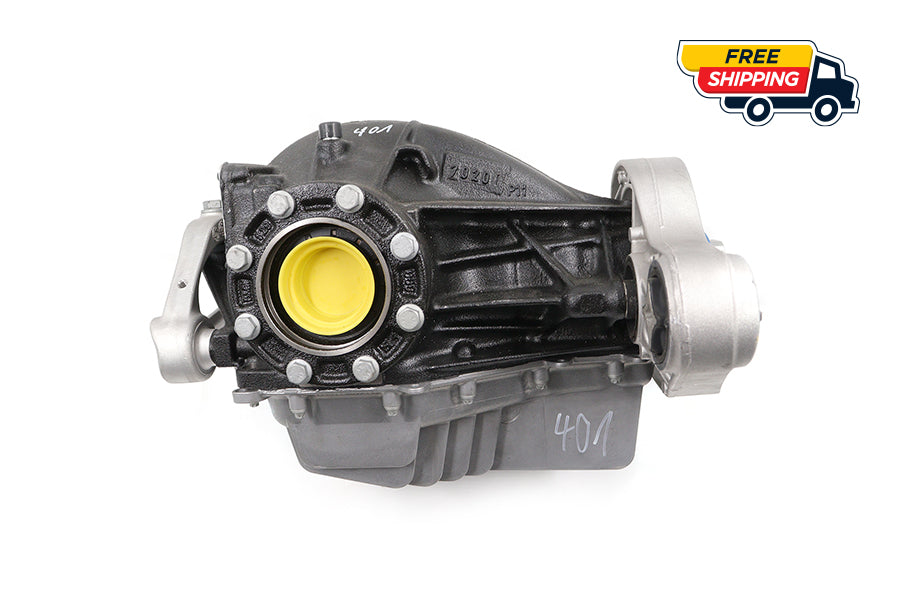 Side view of BMW F8X Drexler 3.46 LSD differential with yellow axle port cap and cast bracket.