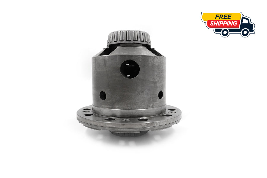 Rebuilt BMW M Variable GKN V2 LSD carrier by RacingDiffs with Free Play Delete shim and new molybdenum-ceramic clutch pack, side profile on white.