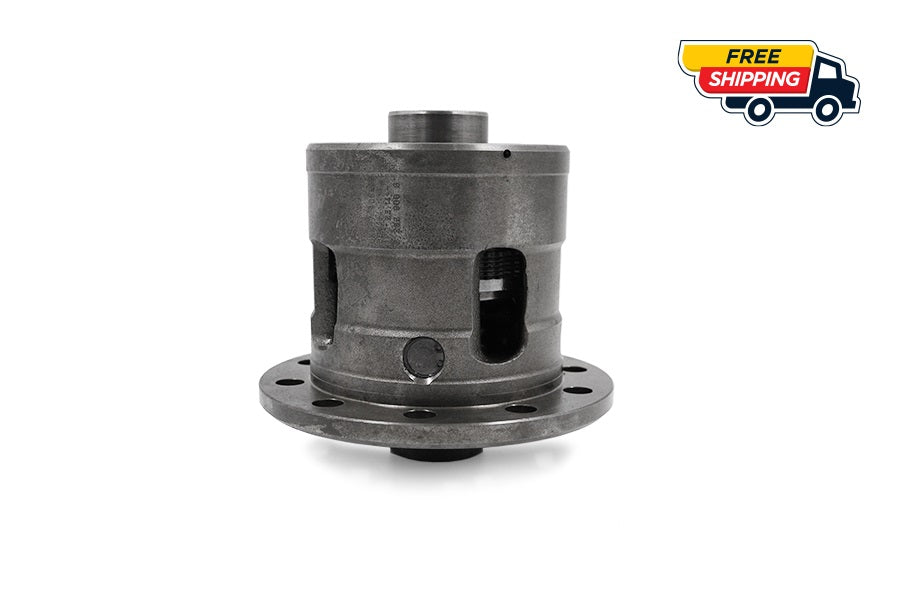 Rebuilt BMW M Variable GKN V2 LSD carrier by RacingDiffs with Free Play Delete shim and new molybdenum-ceramic clutch pack, side profile on white.