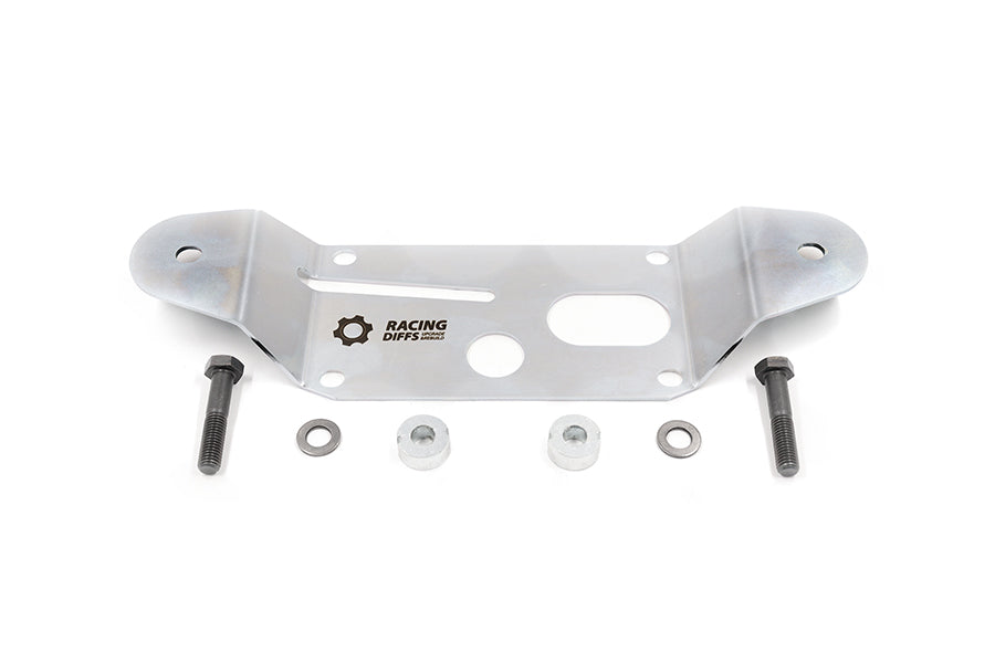 RacingDiffs zinc-plated differential brace kit for BMW E36 188 mm rear diff—laser-cut reinforcement plate with grade 10.9 bolts, spacers and washers on white background