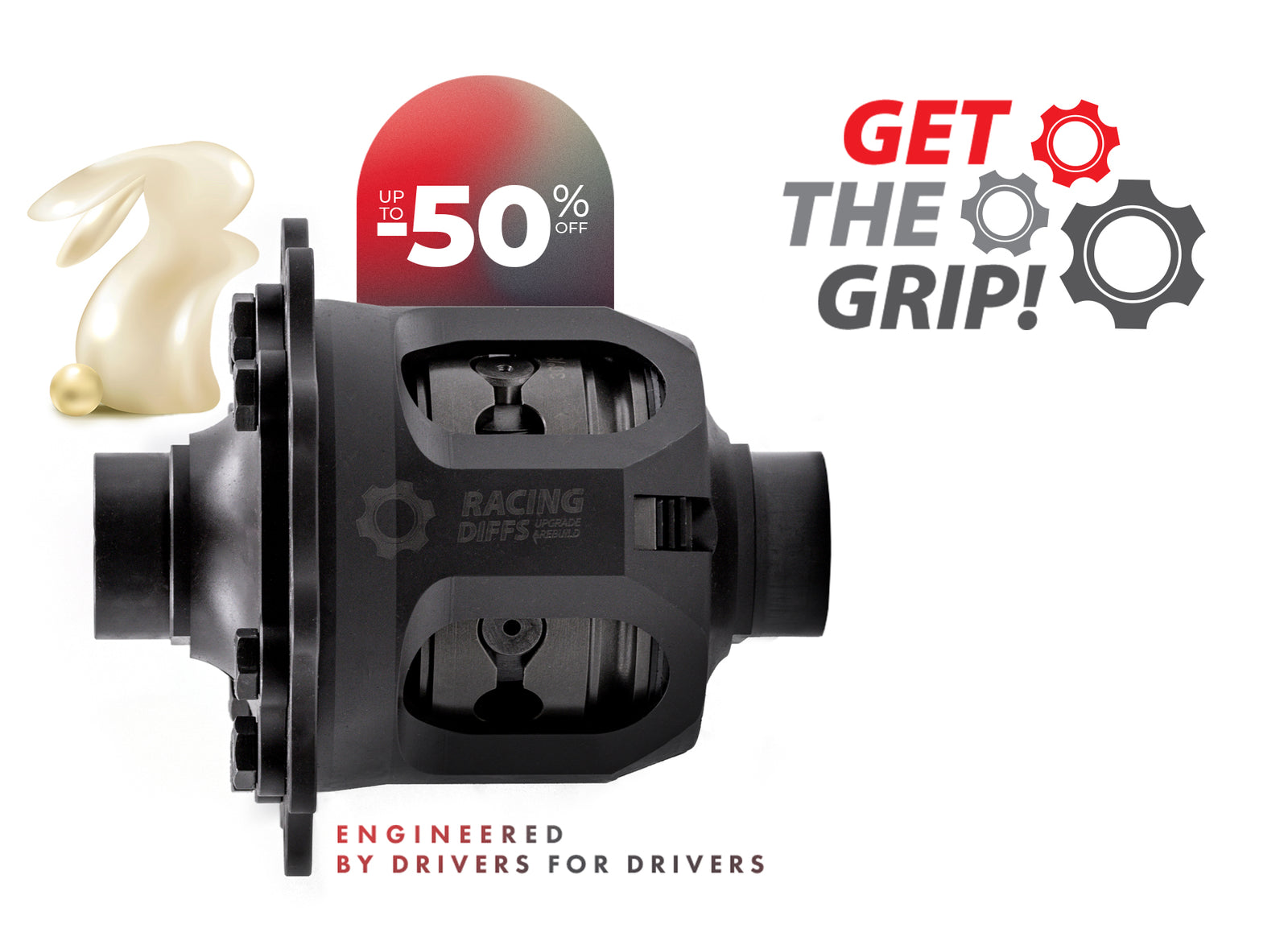 RacingDiffs limited slip differential Easter sale banner with up to 50% off, engineered by drivers for drivers

