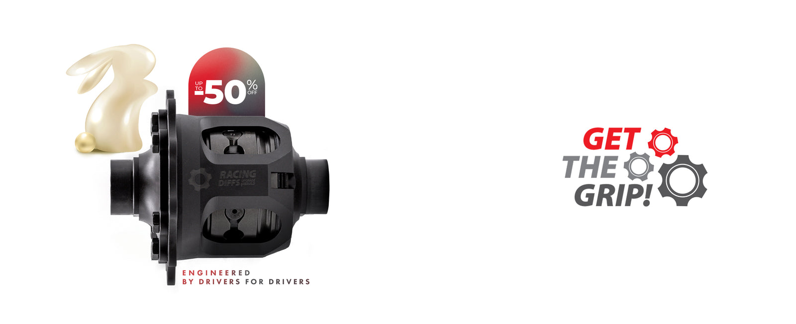 RacingDiffs limited slip differential Easter sale banner with up to 50% off, engineered by drivers for drivers
