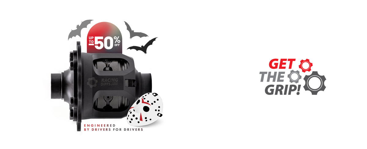 RacingDiffs limited slip differential Halloween sale banner with up to 50% off, engineered by drivers for drivers