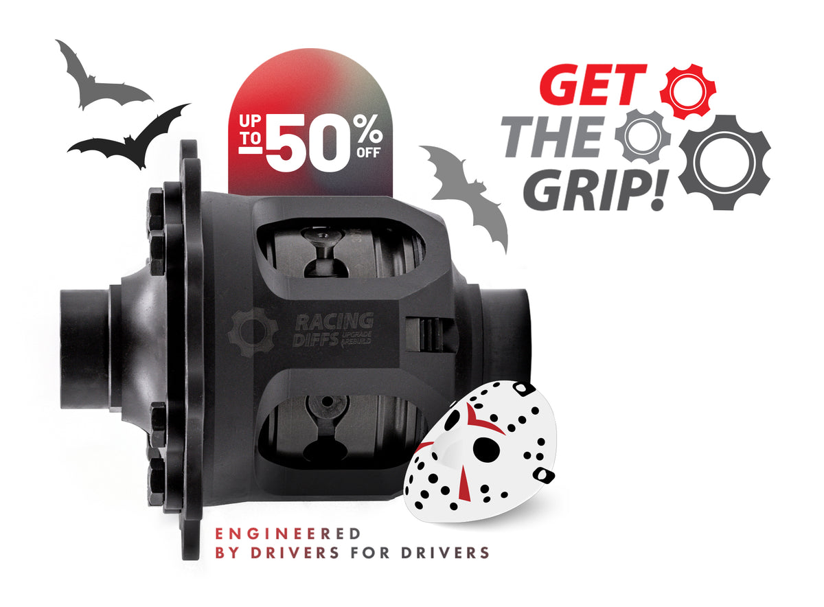 RacingDiffs limited slip differential Halloween sale banner with up to 50% off, engineered by drivers for drivers
