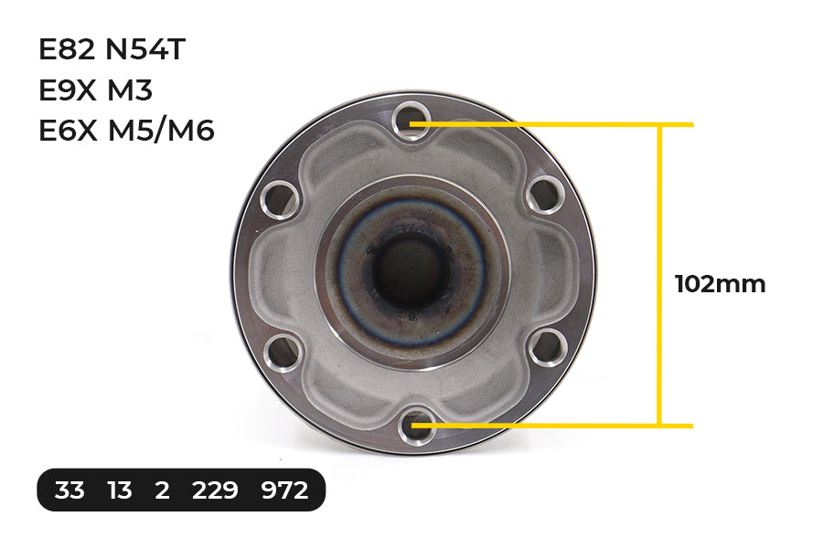 RacingDiffs long output flange for BMW M models—32-spline shaft with 6-bolt pattern, required for Motorsport clutch-type LSD swap on E46/E92 M3, Z4 M, E60 M5, E63 M6 differentials