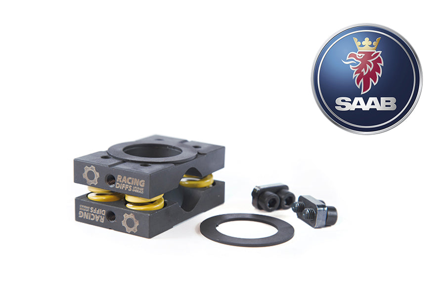 Saab differential upgraded with RacingDiffs LSD conversion kit installed inside FM and F35 gearbox showing clutch type limited slip mechanism